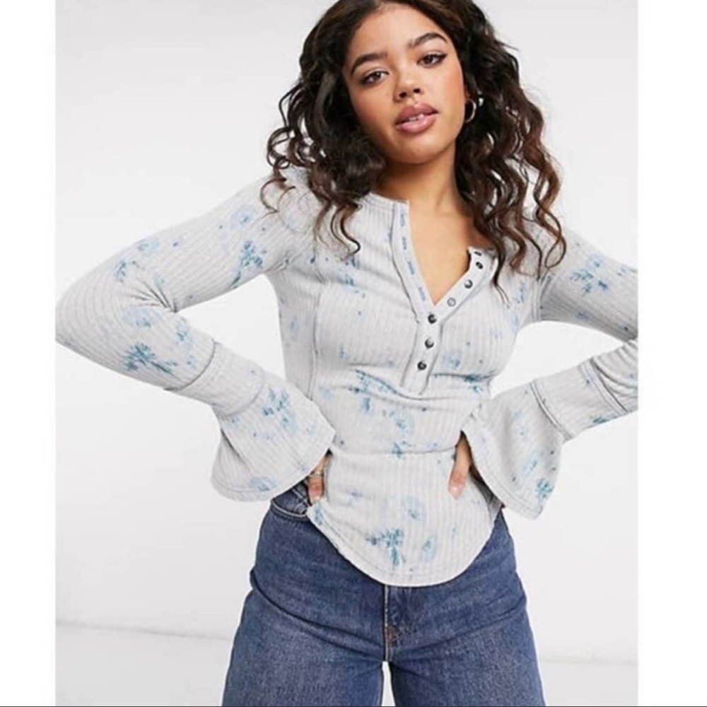 Free People Layer Me Henley Long Bell Sleeve Ribbed Top Size M Floral Cottage